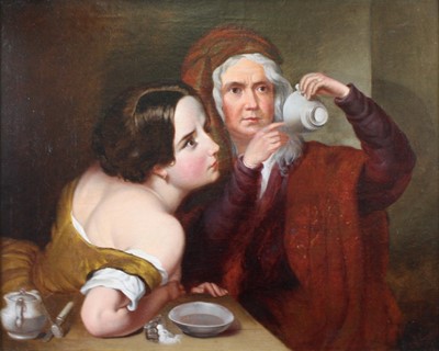 Lot 2424 - J. Lane - Reading the tea leaves, oil on...