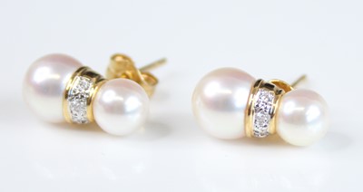 Lot 2219 - A pair of 18ct yellow gold, cultured pearl and...