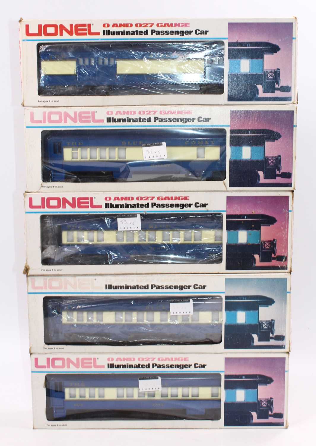 Lot 365 - Five 0-gauge illuminated Lionel Blue Comet...