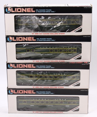 Lot 366 - Four 0-gauge Lionel coaches, green with yellow...