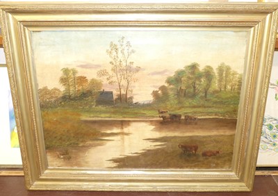 Lot 1019 - W. Goody - River landscape at sunset with...