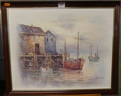 Lot 1029 - Alan Simpson (1941-2007) - Harbour scene, oil...