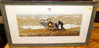 Lot 1036 - H.J. Jackson - Getting off the beach, linocut,...