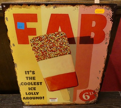 Lot 1095 - A printed tin advertising sign for FAB Lollies,...