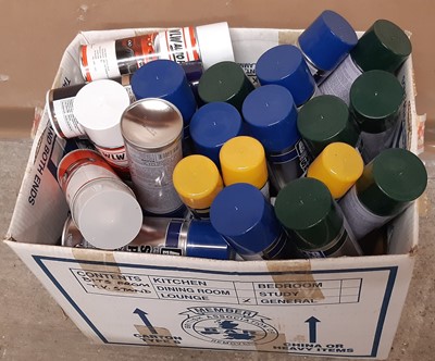 Lot 184 - A box of assorted aerosol spray cans, all unused