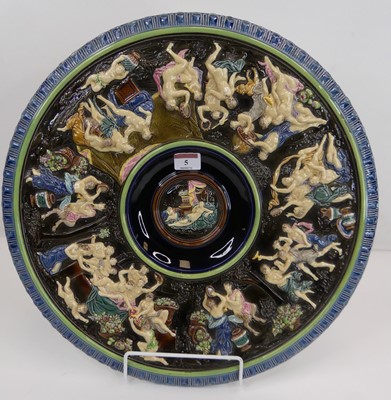 Lot 5 - An R.M. Krause German majolica charger, relief...