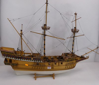 Lot 26 - A pained wooden model of the Golden Hind, on...