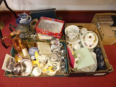 Lot 80 - Three boxes of mixed ceramics and metalware,...