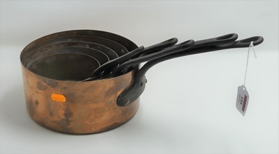 Lot 155 - A graduated set of five copper saucepans