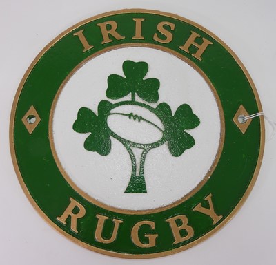 Lot 569 - A painted cast iron Irish Rugby sign, dia.24cm