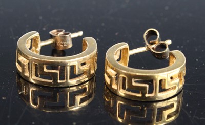 Lot 440 - A pair of 9ct gold Greek Key hoop earrings,...