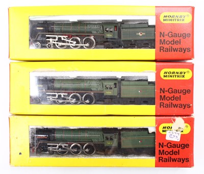 Lot 554 - Three Hornby Minitrix N Gauge BR Standard 7P...