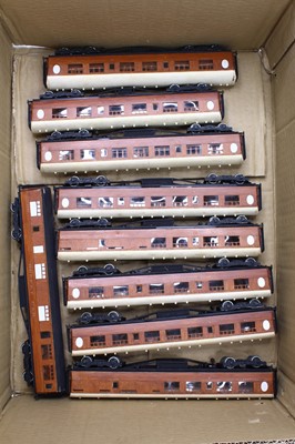 Lot 627 - A rake of nine kit built 00 gauge teak coach...