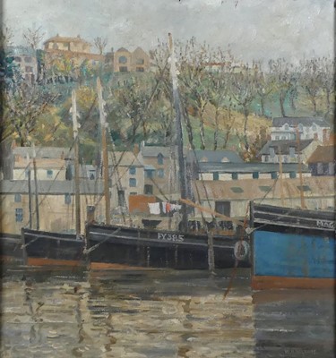 Lot 1184 - WH Wilkins - Fishing boats in harbour, oil on...