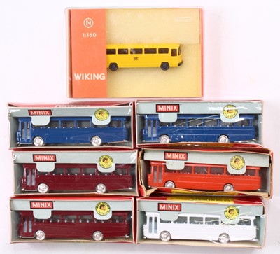 Lot 2008 - Triang Minix, a boxed group of 6 A.E.C Busses...