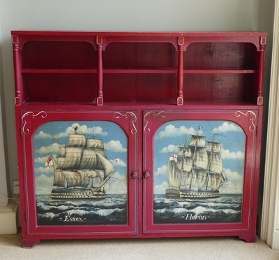 Lot 1287 - A rustic painted pine naval campaign cabinet,...