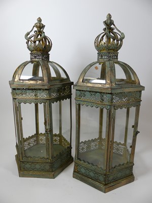 Lot 18 - A pair of painted metal glazed hall lanterns,...