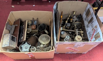 Lot 199 - Two boxes of mixed metal ware to include...