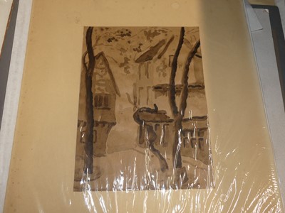 Lot 1111 - Assorted drawings to include sepia watercolour,...