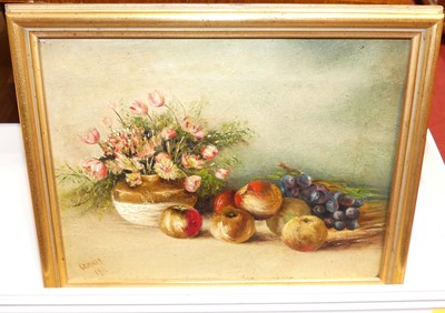 Lot 1120 - G.R. Macey - Still life with fruit, oil on...