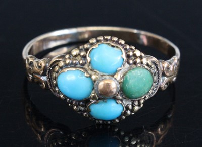 Lot 293 - A yellow metal turquoise quatrefoil cluster...