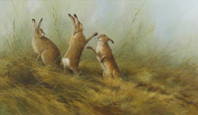 Lot 250 - Neil Cox (b.1955) - Fighting hares, oil on...