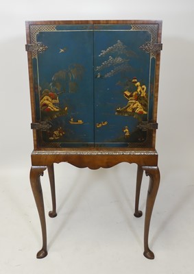 Lot 365 - A 1930s walnut and blue chinoiserie lacquered...