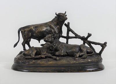 Lot 23 - A bronzed metal cattle group, signed J Moignie,...