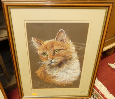 Lot 1077 - H.S Brown - Cat study, pastel; together with...