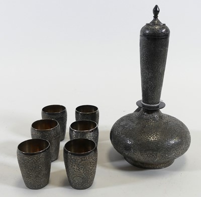 Lot 230 - An Indian white metal six-place drinks set,...