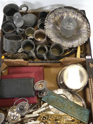 Lot 210 - Two boxes of metalware, to include pewter...