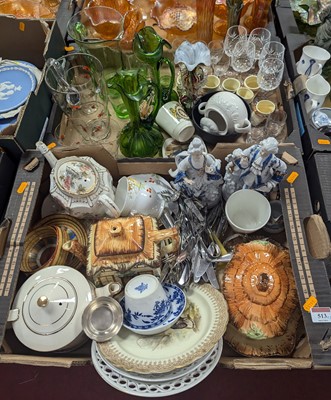 Lot 513 - Two boxes of glassware, ceramics and metalware,...