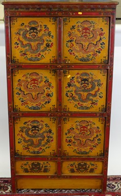 Lot 1227 - A Chinese red & yellow polychrome painted elm...