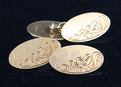 Lot 329 - A pair of gent's 9ct gold and engraved oval...