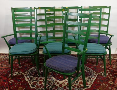 Lot 1278 - A set of eight Ercol green painted ladder back...