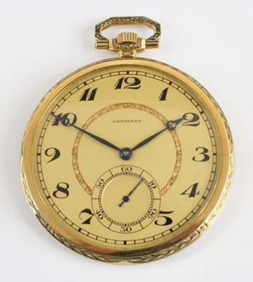 Lot 2360 - An 18ct gold Longines open face keyless pocket,...