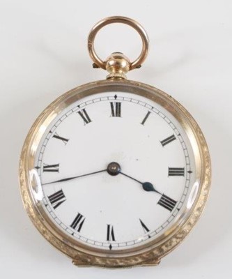 Lot 2346 - A 9ct yellow gold open face keywind fob watch,...