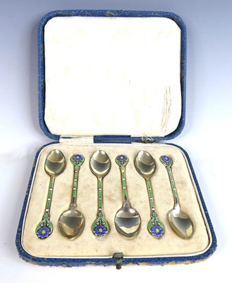 Lot 128 - A cased set of six Art Deco silver and enamel...