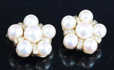 Lot 2288 - A pair of yellow metal, pearl and diamond...