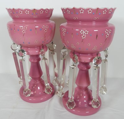 Lot 14 - A pair of Victorian pink glass table lustres,...