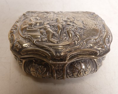 Lot 319 - A continental white metal pill box, profusely...