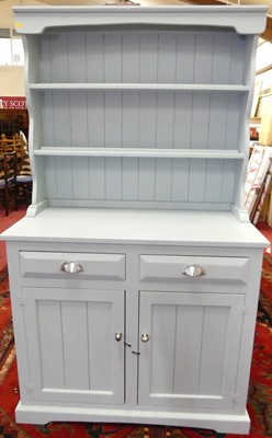 Lot 1194 - A modern pine baby blue painted kitchen...