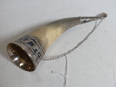 Lot 366 - A white metal mounted horn cup, length 24cm