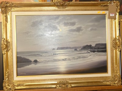 Lot 1015 - A Beardsley - Beach scene at moonlight, oil on...