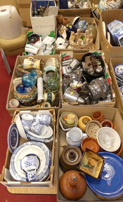 Lot 672 - Seven boxes of mixed ceramics and metal ware...