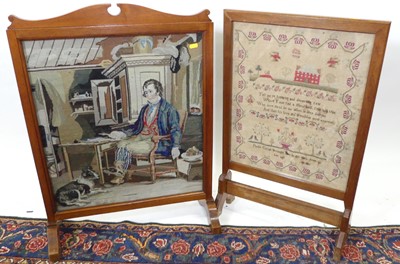 Lot 1251 - Two embroidered fire screens, one with sampler...