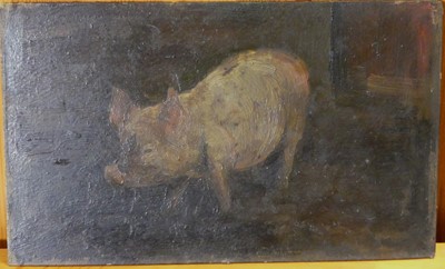 Lot 1112 - George Bain (1881-1968) - Pig in its sty, oil...