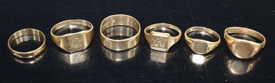 Lot 387 - Four various 9ct gold signet rings (one cut);...