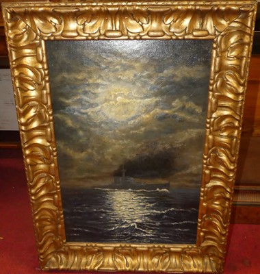 Lot 1075 - S.M. Sewell - Warship at moonlight, oil on...