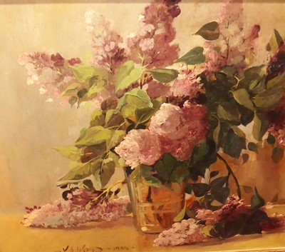 Lot 1090 - K.A Wood - Still life with flowers in a glass...